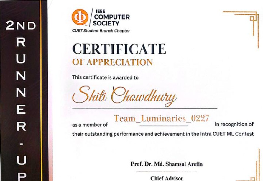 Intra CUET ML Contest Certificate